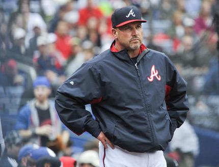 FILe - In this Oct. 4, 2015, file photo, Atlanta Braves manager Fredi Gonzalez (33) waits for a review of a call during the fourth inning of the second baseball game of a doubleheader against the St. Louis Cardinals, in Atlanta. The Atlanta Braves have fired manager Fredi Gonzalez, who couldnt survive the worst record in the majors. Braves general manager John Coppolella confirmed the firing of Gonzalez, in his sixth season, Tuesday, May 17, 2016. (AP Photo/John Amis, File)
