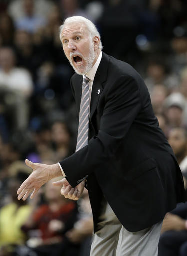 San Antonio Spurs head coach Gregg Popovich reacts to play against the Oklahoma City Thunder during the first half in Game 2 of a second-round NBA basketball playoff series, Monday, May 2, 2016, in San Antonio. (AP Photo/Eric Gay)