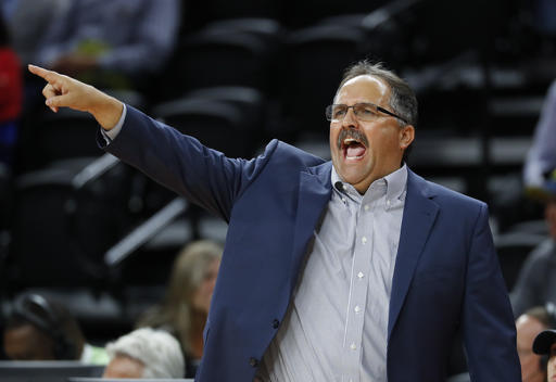 Detroit Pistons head coach Stan Van Gundy gives instructions against the San Antonio Spurs in the second half of a preseason NBA basketball game in Auburn Hills, Mich., Monday, Oct. 10, 2016. (AP Photo/Paul Sancya)