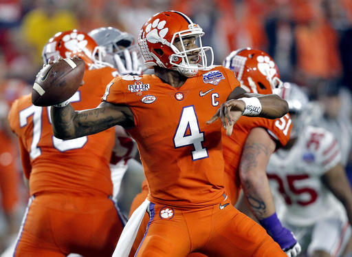 FILE - In this Saturday, Dec. 31, 2016 file photo, Clemson quarterback Deshaun Watson (4) throws against Ohio State during the first half of the Fiesta Bowl NCAA college football playoff semifinal in Glendale, Ariz. For the second straight season, the Clemson and Alabama will meet for the College Football Playoff championship. While it's safe to assume quarterbacks Deshaun Watson and Jalen Hurts will play pivotal roles in the game Monday, Jan. 9, 2017, at Raymond James Stadium in Tampa, Florida, you never know who will emerge as a star on the big stage, especially with the most talented rosters in college football facing off.(AP Photo/Ross D. Franklin, File)