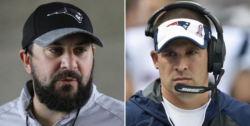 FILE - At left, in a July 27, 2016, file photo, New England Patriots defensive coordinator Matt Patricia takes questions from members of the media at Gillette Stadium in Foxborough, Mass. At right, in an Oct. 9, 2016, file photo, New England Patriots offensive coordinator Josh McDaniels walks on the sideline during an NFL football game against the Cleveland Browns, in Cleveland. Patriots coordinators Josh McDaniels and Matt Patricia have been considered among the best minds in football for a while now. The jobs they're doing this season _ their latest gems came in a 16-3 victory over the Broncos on Sunday _ have only bolstered their standing. (AP Photo/File)