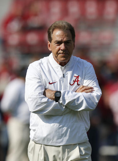 Alabama head coach Nick Saban walks the field before the first half of an NCAA college football game against Mississippi State, Saturday, Nov. 12, 2016, in Tuscaloosa, Ala. (AP Photo/Brynn Anderson)