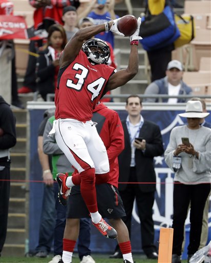Atlanta Falcons cornerback Brian Poole (34) during the first half of an NFL football game against the Los Angeles Rams, Sunday, Dec. 11, 2016, in Los Angeles. (AP Photo/Rick Scuteri)